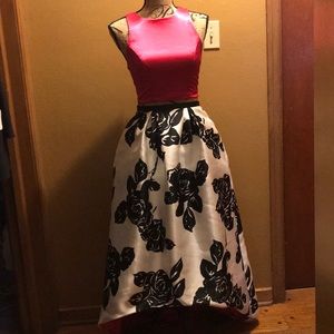 Pink, black, and white high low prom dress